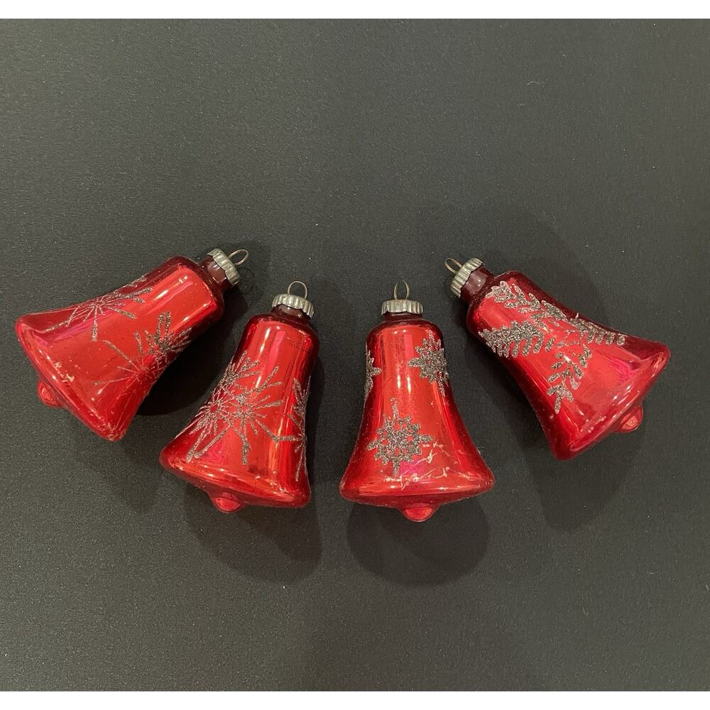 Vintage West Germany Mercury Glass Bell 3" Ornaments. Set of Four. Red & Black.